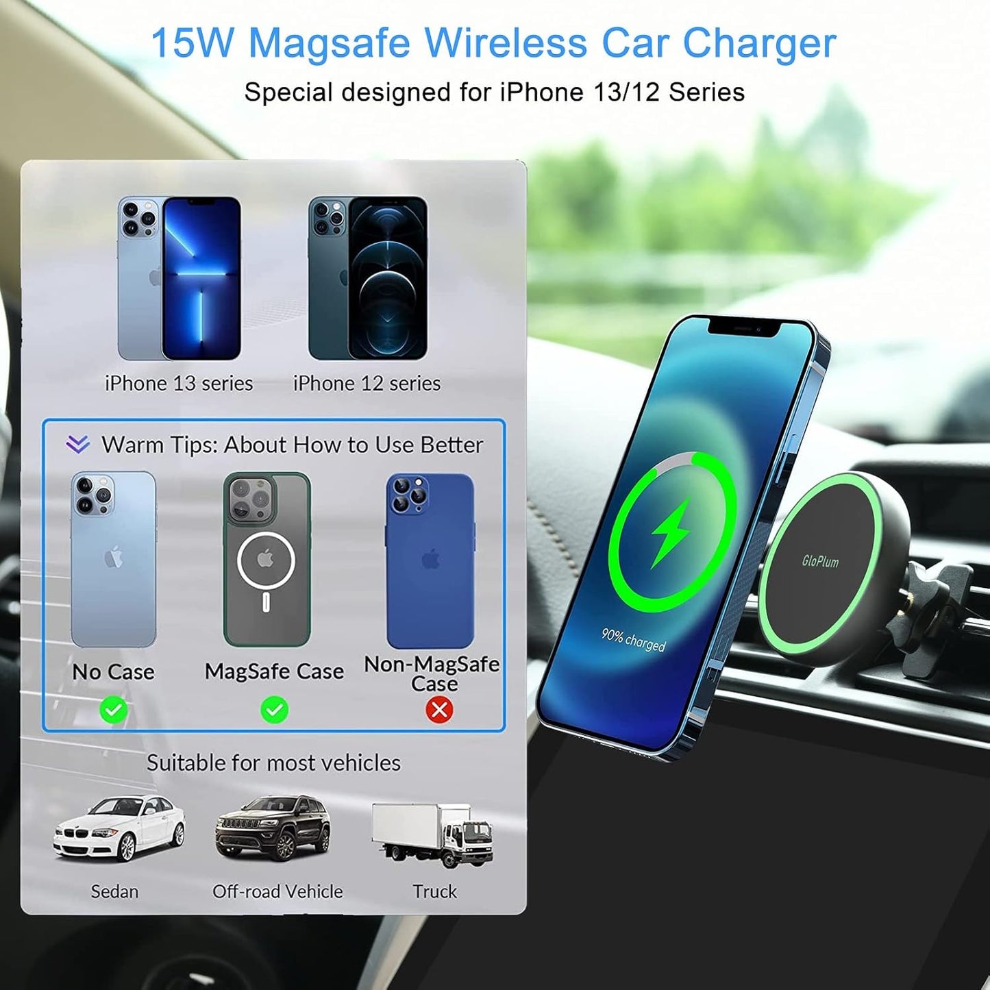 Magnetic Wireless Car Charger Mount Compatible with Magsafe Iphone 15/ Iphone 14/Iphone 13, Fast Charging Air Vent Magnet Accessories Car Phone Holder